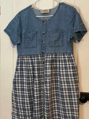 Vintage Tickets Clothing Dress with pockets Jean & Plaid 7/8 Blue Made in USA